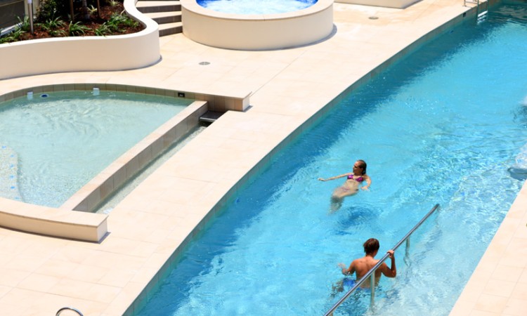 Fully Heated Outdoor Resort Pool and Spa at Monaco Apartments